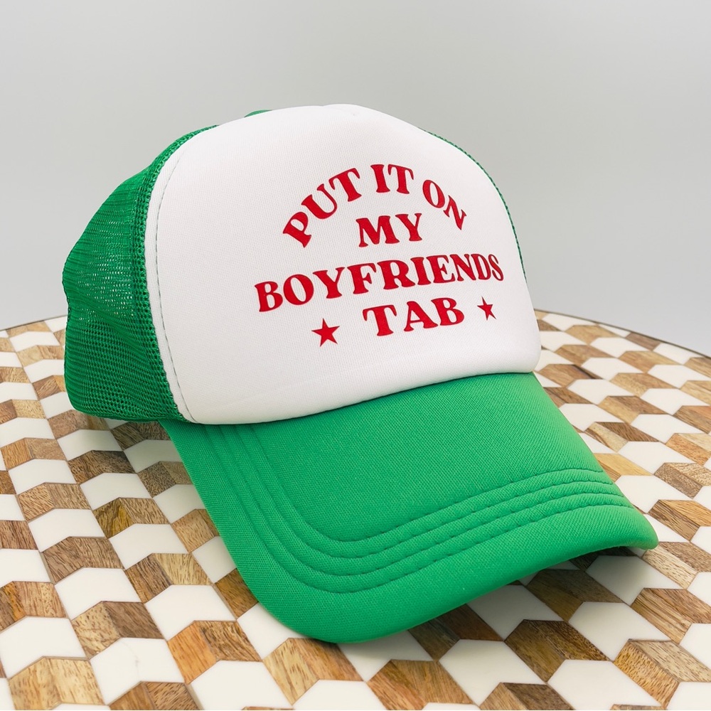 Put It On My Boyfriends Tab Trucker Hat Green White Nashville Party NEW